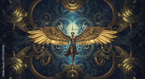 Winged figure stands centrally against an intricate, dark background composed of interlocking mechanical gears
