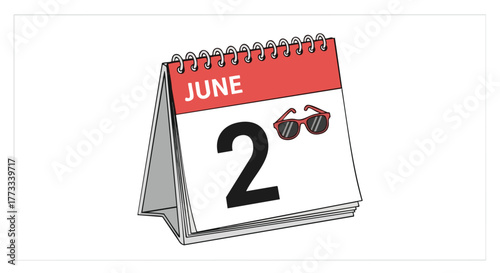 Stylized june second calendar page with sunglasses suggesting a summer occasion or event date reminder concept