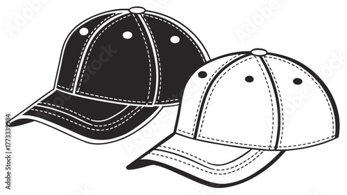 Stylish baseball caps in black and white, a sporty fashion statement, perfect for branding, design mockups, or showcasing casual wear apparel, scalable graphics