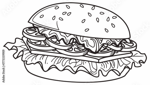 Delicious burger graphic with sesame bun, lettuce, tomato and cheese - appetizing illustration for menus or fast food promotions, originally a vector