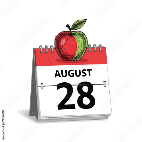 August 28th date concept depicting a red and green apple placed on top of the calendar schedule