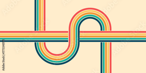 Colorful groovy wavy line pattern, retro rainbow vector design inspired by 70s. Abstract sunshine burst background with vintage psychedelic texture and curved bright stripes. Vector illustration