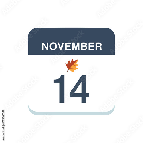 November 14th calendar date with falling leaf symbolising autumn and commemorative event reminder schedule day appointment or important anniversary