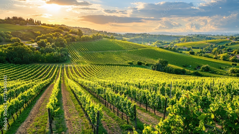 Fototapeta premium Scenic Vineyard Landscape at Sunset with Lush Green Rows and Beautiful Sky in the Background