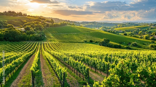 Wallpaper Mural Scenic Vineyard Landscape at Sunset with Lush Green Rows and Beautiful Sky in the Background Torontodigital.ca