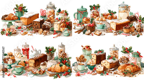 Festive Christmas dessert table with cakes, pastries, cookies, and sweets decorated with holly, ribbons, and cozy holiday details.