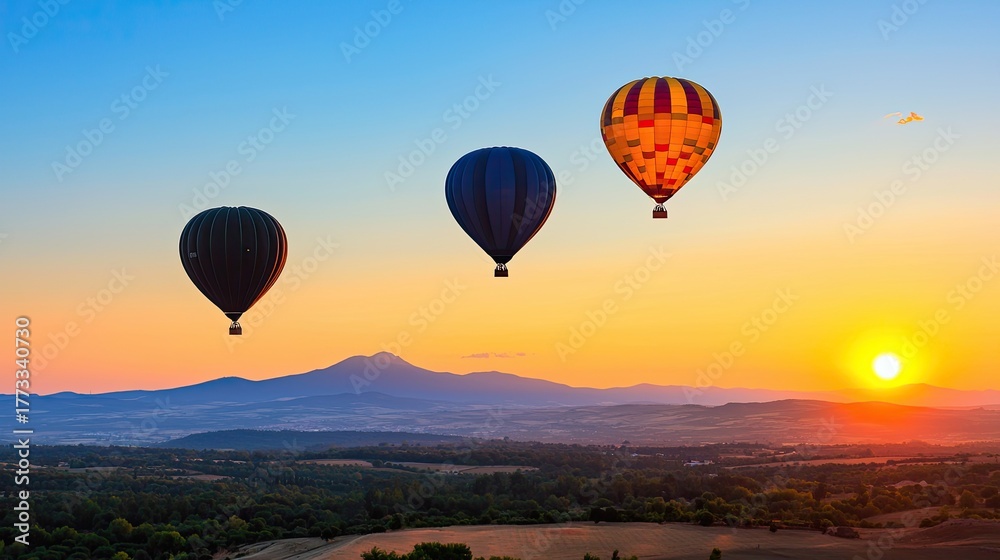 Obraz premium Colorful hot air balloons soaring over a landscape during a vibrant sunset with distant mountains and scenic fields