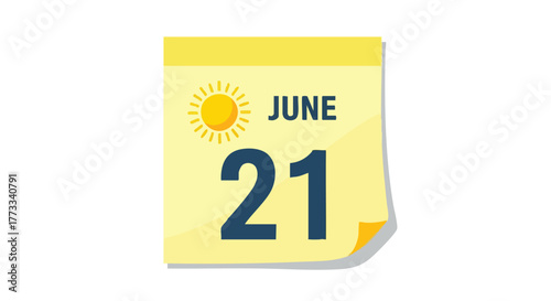 June twenty-first paper calendar icon designating the summer solstice and international day of yoga celebration on a sunny background