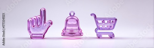 3D glass like thumb up, bell notification, and shopping cart icons in purple gradient on white background. Modern UI design elements for digital interfaces.	