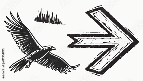 Soaring eagle illustration with grunge arrow points the way, evoking strength and direction, perfect for branding, nature themes, or motivational designs