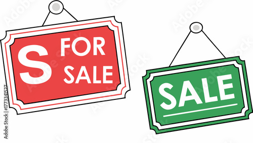 Exciting sale announcement with vibrant red and green signage, perfect for retail promotions and special offers, a modern marketing tool to attract shoppers
