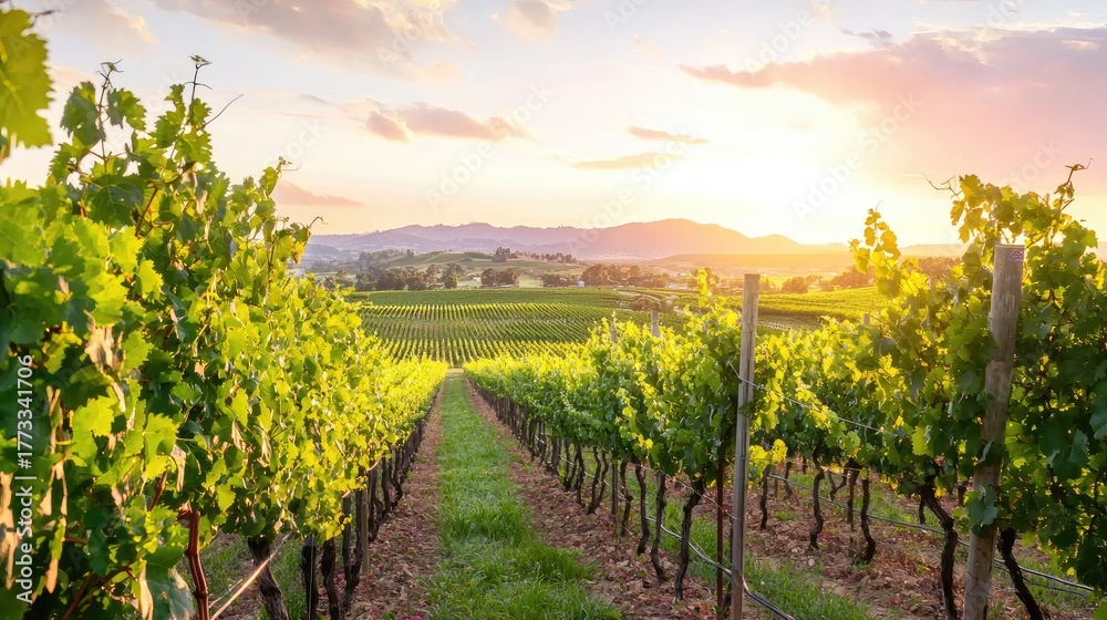 Naklejka premium Scenic Vineyard Landscape at Sunset with Lush Green Grapevines and Golden Sky over Rolling Hills