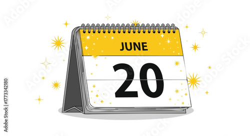Illustrative Desk Calendar Displaying June 20th with Sparkles on a White Background that signifies the yearly celebration of world refugee day