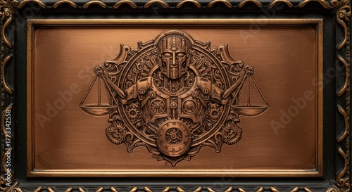 Intricate steampunk robotic figure holding scales of justice within a decorative metallic frame