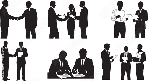 Business silhouette meeting, handshake, agreement, teamwork, document signing, corporate deal, office interaction, partnership, negotiation, professional setting, collaboration, formal attire, success