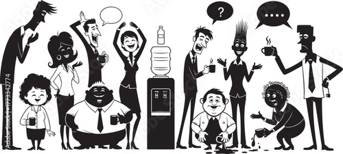 Cartoon office water cooler scene, coworkers talking, drinking, reacting, spilling, cleaning, social interaction, workplace humor, casual break, expressive characters, fun moment