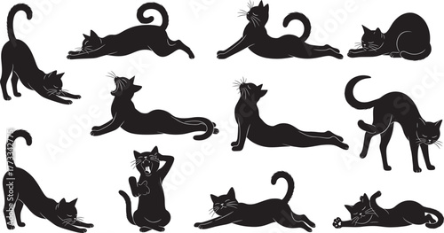 Cat silhouette yoga poses, stretching, relaxing, playful movement, feline flexibility, balance, mindfulness, cartoon style, pet exercise, black shape, wellness, humor, charm