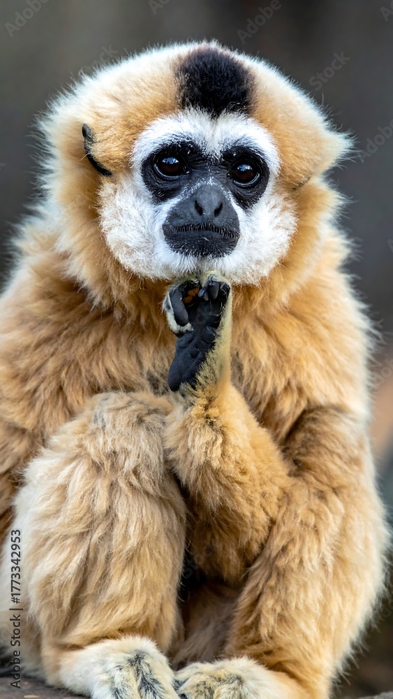 Obraz premium Close-up view of a golden-furred, thoughtful primate