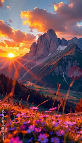 Dolomites Sunset Panorama Holographic Rendering with Wildflowers and Refraction Effect