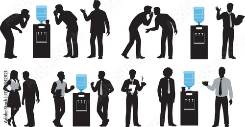 Office water cooler silhouette, coworkers talking, gossiping, drinking, interacting, casual break, workplace communication, business attire, teamwork, social moment, corporate culture