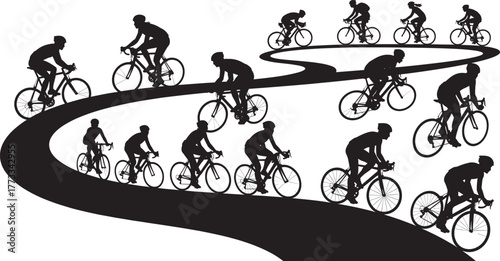 Silhouette cyclists riding uphill, downhill, performing stunts, celebrating, exercising, showcasing outdoor fitness, sport, transportation, adventure, motion, energy, and lifestyle diversity