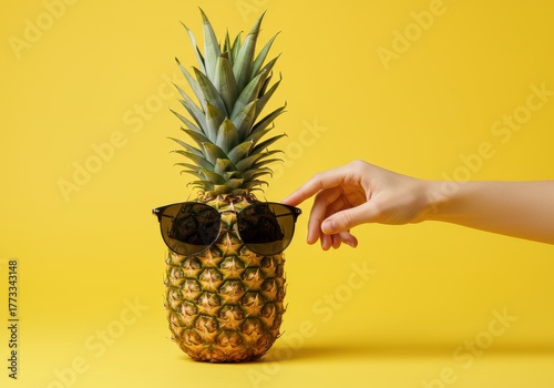 Tropical fruit wearing dark eyewear is adjusted by a light-skinned hand against a bright background