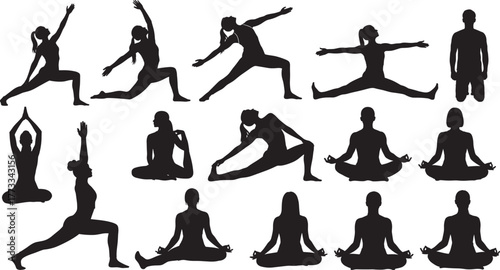 Yoga silhouette poses, meditation, stretching, balance, wellness, mindfulness, seated and standing postures, fitness routine, calm energy, body flexibility, peaceful lifestyle, health
