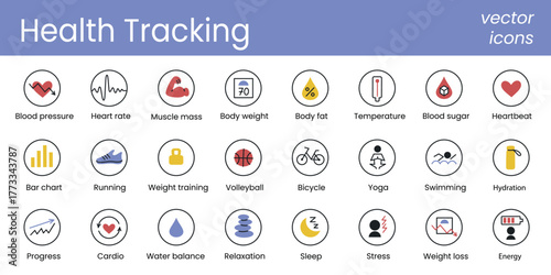 Collection of icons on health tracking and fitness monitoring, heartbeat, ECG, hydration, weight, temperature, glucose, running, yoga and workouts. Concept of wellness, sport and smart health devices