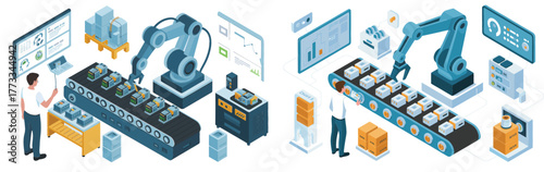 Isometric Smart Factory Automation, Industrial Robotics and Production Line Vector SetIsometric Smart Factory Automation, Industrial Robotics and Production Line Vector Set