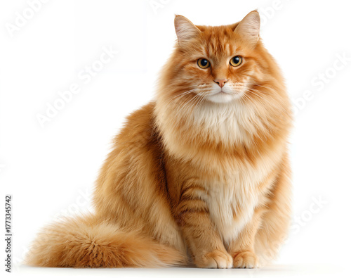 Fluffy orange tabby cat with long fur sitting on white background, showcasing bright amber eyes, prominent whiskers, bushy tail, and a calm, attentive expression