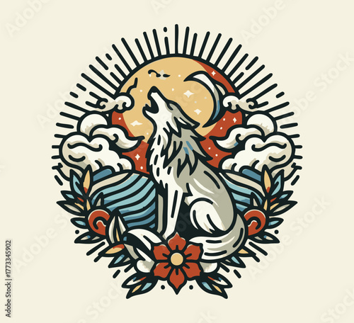 Old School Howling Wolf with Moon, Flowers, and Clouds Tattoo Flash