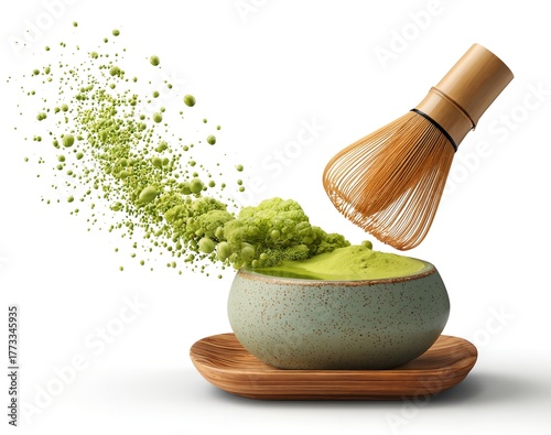 Matcha green tea powder being whisked in a traditional bowl with bamboo whisk on wooden tray