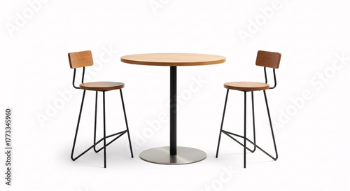 Modern wooden bar table and two stools isolated on white background