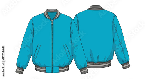 Aqua bomber jacket illustration displaying both front and back views, a fashionable outerwear staple showcasing style and design blueprint