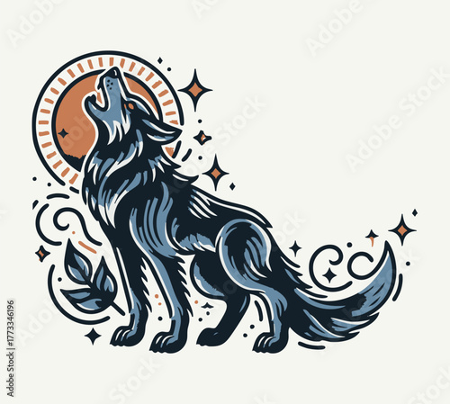 Vintage Standing Wolf Howling in Classic Art Style