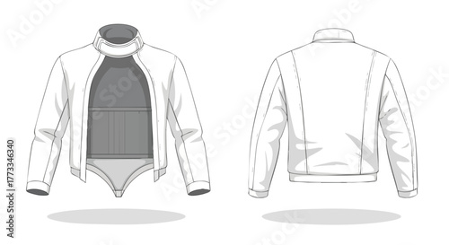 Detailed technical fashion sketch showcasing a modern white jacket design and back view for design and style reference