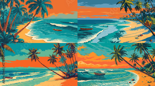 Vivid tropical beach scene with palm trees, boats, and sunset sky. Vibrant seascape art perfect for travel, summer, and coastal design projects.