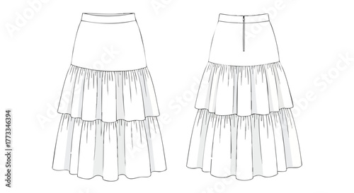 Technical flat sketch showcasing a two-tiered ruffled skirt design with front and back views ideal for fashion design presentations