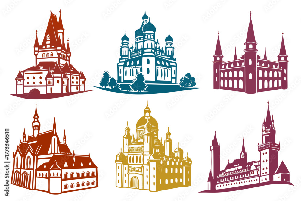 Naklejka premium set of Castle and Palace Silhouette vector illustration isolated on White Background