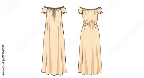 Illustrated flowy dress design template with off-the-shoulder detail and elastic waistline showcase