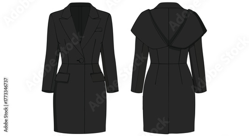 Sophisticated black dress sketch showcasing modern design elements and tailored fit for fashion illustration or technical drawing applications