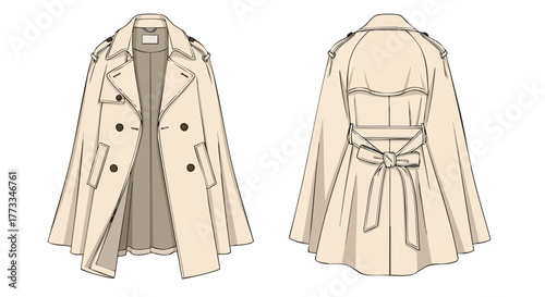 Sophisticated trench coat illustration showcasing front and back design details with flowing silhouette and belted waistline design