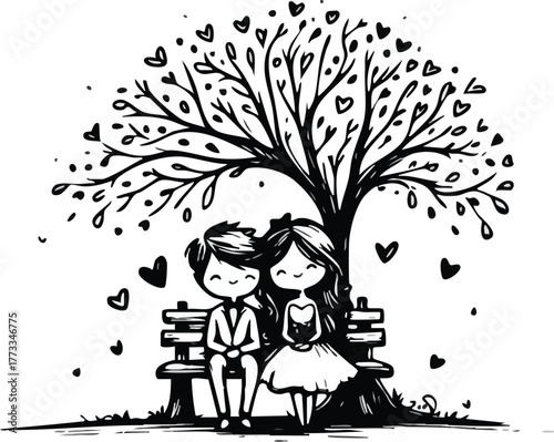 Romantic couple under heart tree illustration in black and white sketch style isolated on white background