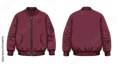 Detailed Illustration of a Burgundy Bomber Jacket, Front and Back Views Style Design
