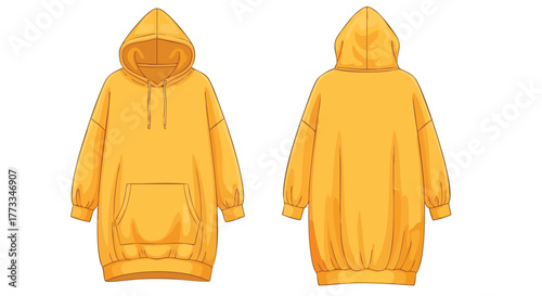 Illustration of a Long, Oversized, and Yellow Hoodie Dress with Front and Back Views isolated on white background