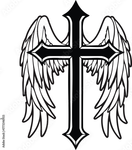 Black cross with angel wings in symmetrical feathered design isolated on white background for spiritual themes