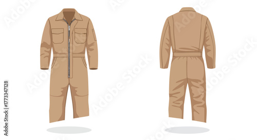 Illustrated khaki jumpsuit showcasing front and back view for construction manufacturing industries worker apparel uniform design template