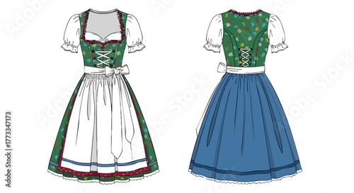 Detailed fashion sketch showcasing the front and back of a traditional Dirndl dress design with floral details and vibrant colors