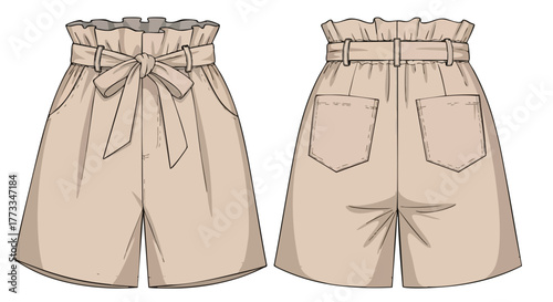 Fashionable high-waisted paper bag shorts with self-tie belt showcased in a technical flat sketch detailed with pockets, front and back views of the