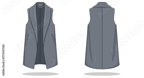 Sleeveless Shawl Collar Coat Fashion Design Sketch, Showcasing Front and Back View in Neutral Tones, Ideal for Creative Projects and Fashion Layouts